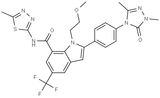 1H-Indole-7-carboxamide, 2-[4-(1,5-dihydro-1,3-dimethyl-5-oxo-4H-1,2,4-triazol-4-yl)phenyl]-1-(2-methoxyethyl)-N-(5-methyl-1,3,4-thiadiazol-2-yl)-5-(trifluoromethyl)- Struktur