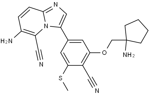 Imidazo[1,2-a]pyridine-5-carbonitrile, 6-amino-3-[3-[(1-aminocyclopentyl)methoxy]-4-cyano-5-(methylthio)phenyl]- Structure