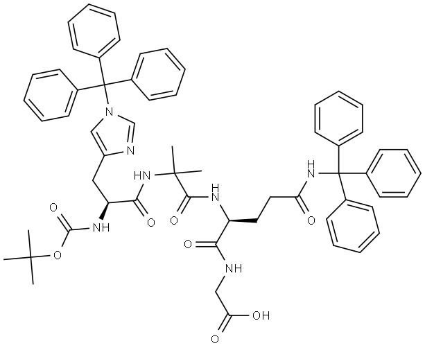 N2-(2-((S)-2-((tert-butoxycarbonyl)amino)-3-(1-trityl-1H-imidazol-4-yl)propanamido)-2-methylpropanoyl)-N5-trityl-L-glutaminylglycine Struktur