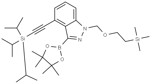 3-(4,4,5,5-Tetramethyl-1,3,2-dioxaborolan-2-yl)-4-((triisopropylsilyl)ethynyl)-1-((2-(trimethylsilyl)ethoxy)methyl)-1H-indazole Struktur
