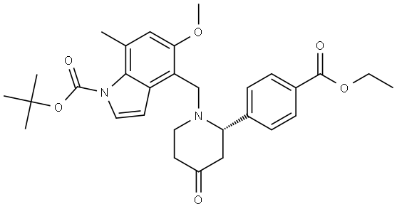 1H-Indole-1-carboxylic acid, 4-[[(2S)-2-[4-(ethoxycarbonyl)phenyl]-4-oxo-1-piperidinyl]methyl]-5-methoxy-7-methyl-, 1,1-dimethylethyl ester Struktur