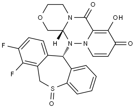 (12aR)-12-((11S)-7,8-Difluoro-5-oxido-6,11-dihydrodibenzo[b,e]thiepin-11-yl)-7-hydroxy-3,4,12,12a-tetrahydro-1H-[1,4]oxazino[3,4-c]pyrido[2,1-f][1,2,4]triazine-6,8-dione Struktur