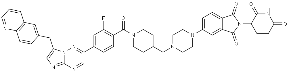 1H-Isoindole-1,3(2H)-dione, 2-(2,6-dioxo-3-piperidinyl)-5-[4-[[1-[2-fluoro-4-[7-(6-quinolinylmethyl)imidazo[1,2-b][1,2,4]triazin-2-yl]benzoyl]-4-piperidinyl]methyl]-1-piperazinyl]- Struktur