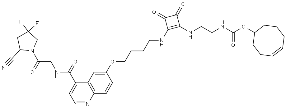 (E)-cyclooct-4-en-1-yl (2-((2-((4-((4-((2-((S)-2-cyano-4,4-difluoropyrrolidin-1-yl)-2-oxoethyl)carbamoyl)quinolin-6-yl)oxy)butyl)amino)-3,4-dioxocyclobut-1-en-1-yl)amino)ethyl)carbamate TCO Structure