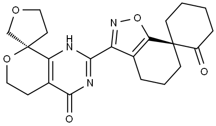 (S)-3-((S)-4'-hydroxy-4,5-dihydro-2H,5'H,7'H-spiro[furan-3,8'-pyrano[4,3-d]pyrimidin]-2'-yl)-5,6-dihydro-4H-spiro[benzo[d]isoxazole-7,1'-cyclohexan]-2'-one Struktur