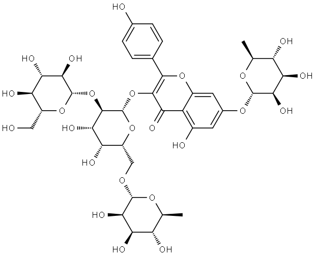 Kaempferol 3-O-β-D-glucopyranosyl-(1→2)[α-L-rhamnopyranosyl-(1→6]-β-D-galactopyranosyl-7-O-a-L-rhamnopyranoside Struktur