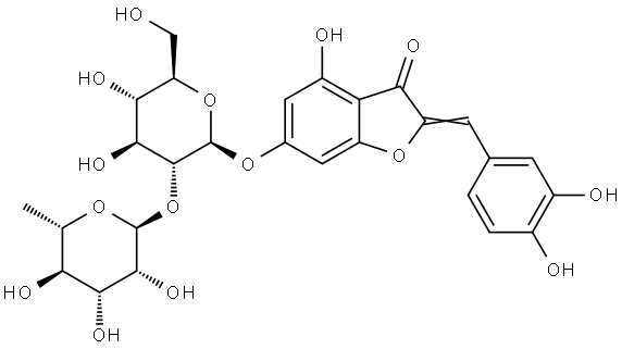 Glucopyranoside, 2-(3,4-dihydroxybenzylidene)-2,3-dihydro-4-hydroxy-3-oxo-6-benzofuranyl 2-O-(6-deoxy-α-L-mannopyranosyl)-, β-D- Struktur