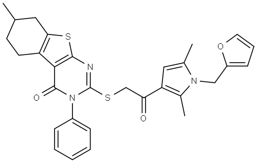 2-({2-[1-(2-FURYLMETHYL)-2,5-DIMETHYL-1H-PYRROL-3-YL]-2-OXOETHYL}SULFANYL)-7-METHYL-3-PHENYL-5,6,7,8-TETRAHYDRO[1]BENZOTHIENO[2,3-D]PYRIMIDIN-4(3H)-ONE Struktur