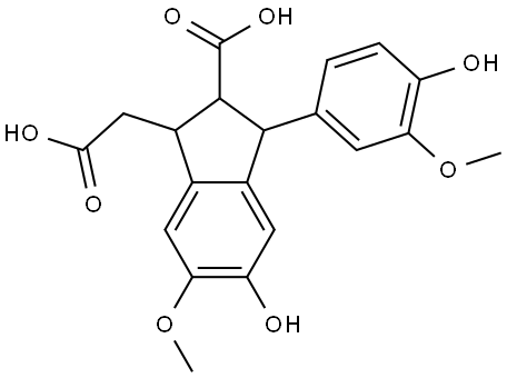 1H-Indene-1-acetic acid, 2-carboxy-2,3-dihydro-5-hydroxy-3-(4-hydroxy-3-methoxyphenyl)-6-methoxy- Struktur