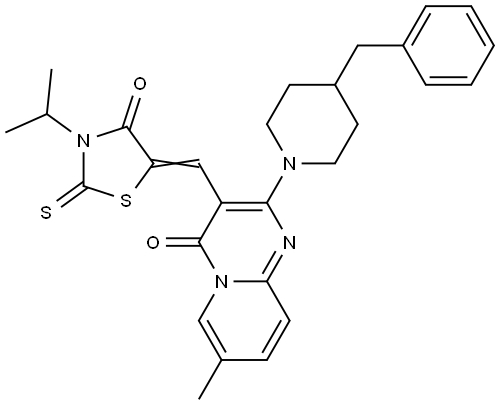 2-(4-BENZYL-1-PIPERIDINYL)-3-[(E)-(3-ISOPROPYL-4-OXO-2-THIOXO-1,3-THIAZOLIDIN-5-YLIDENE)METHYL]-7-METHYL-4H-PYRIDO[1,2-A]PYRIMIDIN-4-ONE Struktur