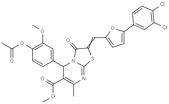 METHYL (2E)-5-[4-(ACETYLOXY)-3-METHOXYPHENYL]-2-{[5-(3,4-DICHLOROPHENYL)-2-FURYL]METHYLENE}-7-METHYL-3-OXO-2,3-DIHYDRO-5H-[1,3]THIAZOLO[3,2-A]PYRIMIDINE-6-CARBOXYLATE Struktur