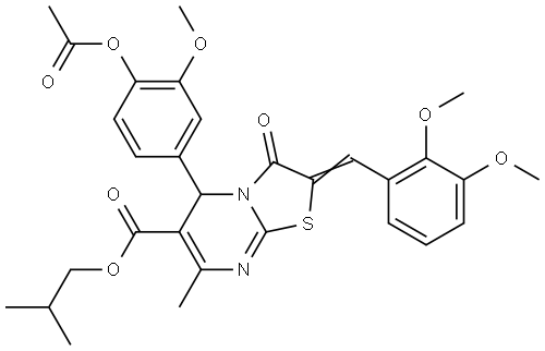 ISOBUTYL (2E)-5-[4-(ACETYLOXY)-3-METHOXYPHENYL]-2-(2,3-DIMETHOXYBENZYLIDENE)-7-METHYL-3-OXO-2,3-DIHYDRO-5H-[1,3]THIAZOLO[3,2-A]PYRIMIDINE-6-CARBOXYLATE Struktur