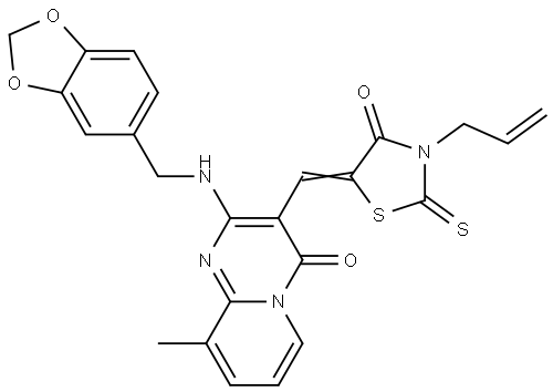 3-[(Z)-(3-ALLYL-4-OXO-2-THIOXO-1,3-THIAZOLIDIN-5-YLIDENE)METHYL]-2-[(1,3-BENZODIOXOL-5-YLMETHYL)AMINO]-9-METHYL-4H-PYRIDO[1,2-A]PYRIMIDIN-4-ONE Struktur