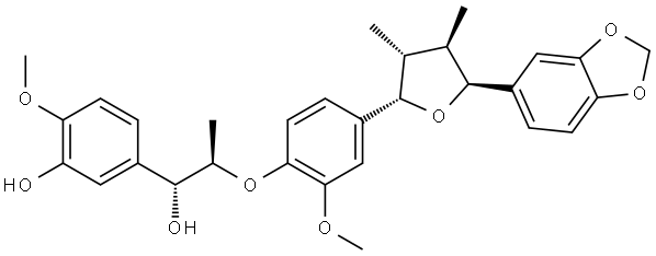 Benzenemethanol, α-[(1R)-1-[4-[(2S,3R,4R,5S)-5-(1,3-benzodioxol-5-yl)tetrahydro-3,4-dimethyl-2-furanyl]-2-methoxyphenoxy]ethyl]-3-hydroxy-4-methoxy-, (αR)- Struktur