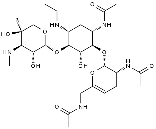 D-Streptamine, O-2,6-bis(acetylamino)-2,3,4,6-tetradeoxy-α-D-glycero-hex-4-enopyranosyl-(1→4)-O-[3-deoxy-4-C-methyl-3-(methylamino)-β-L-arabinopyranosyl-(1→6)]-N3-acetyl-2-deoxy-N1-ethyl- (9CI)