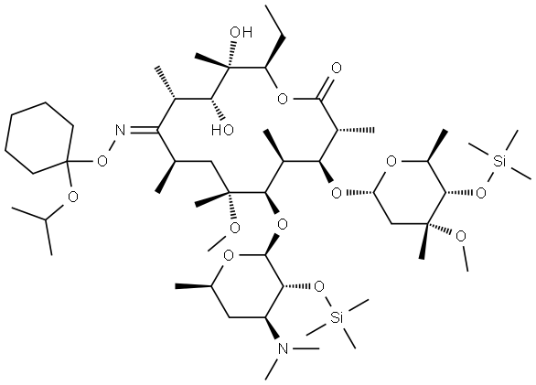 Erythromycin, 6-O-methyl-2',4''-bis-O-(trimethylsilyl)-, 9-[O-[(1-methylethoxy)cyclohexyl]oxime], (9E)-