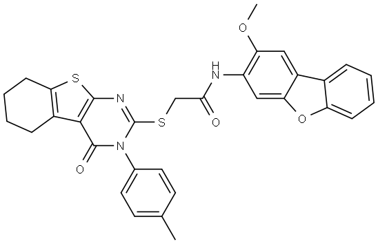 N-(2-METHOXYDIBENZO[B,D]FURAN-3-YL)-2-{[3-(4-METHYLPHENYL)-4-OXO-3,4,5,6,7,8-HEXAHYDRO[1]BENZOTHIENO[2,3-D]PYRIMIDIN-2-YL]SULFANYL}ACETAMIDE Struktur