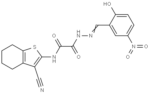 N-(3-CYANO-4,5,6,7-TETRAHYDRO-1-BENZOTHIEN-2-YL)-2-[(2E)-2-(2-HYDROXY-5-NITROBENZYLIDENE)HYDRAZINO]-2-OXOACETAMIDE Struktur