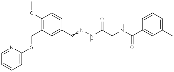 N-[2-((2E)-2-{4-METHOXY-3-[(2-PYRIDINYLSULFANYL)METHYL]BENZYLIDENE}HYDRAZINO)-2-OXOETHYL]-3-METHYLBENZAMIDE Struktur