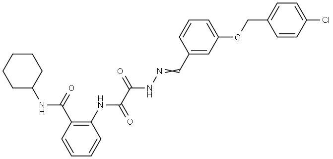 2-{[((2E)-2-{3-[(4-CHLOROBENZYL)OXY]BENZYLIDENE}HYDRAZINO)(OXO)ACETYL]AMINO}-N-CYCLOHEXYLBENZAMIDE Struktur
