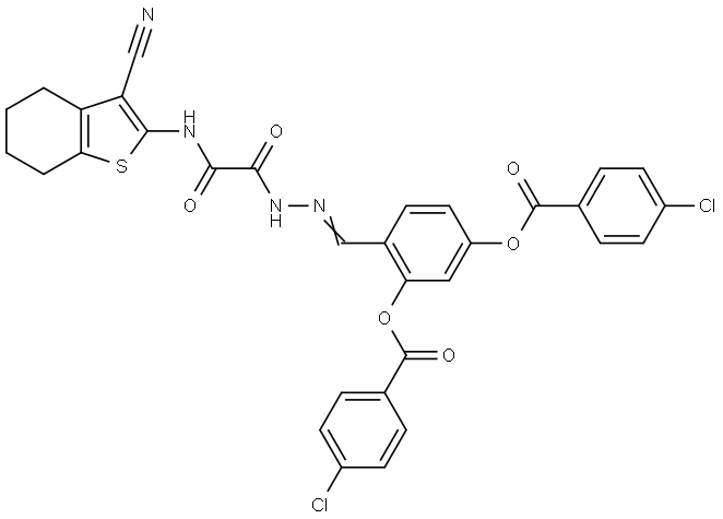5-[(4-CHLOROBENZOYL)OXY]-2-((E)-{[[(3-CYANO-4,5,6,7-TETRAHYDRO-1-BENZOTHIEN-2-YL)AMINO](OXO)ACETYL]HYDRAZONO}METHYL)PHENYL 4-CHLOROBENZOATE Struktur