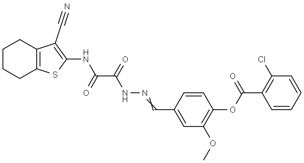 4-((E)-{[[(3-CYANO-4,5,6,7-TETRAHYDRO-1-BENZOTHIEN-2-YL)AMINO](OXO)ACETYL]HYDRAZONO}METHYL)-2-METHOXYPHENYL 2-CHLOROBENZOATE Struktur