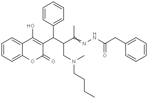 N'-[(E)-2-{[BUTYL(METHYL)AMINO]METHYL}-3-(4-HYDROXY-2-OXO-2H-CHROMEN-3-YL)-1-METHYL-3-PHENYLPROPYLIDENE]-2-PHENYLACETOHYDRAZIDE Struktur