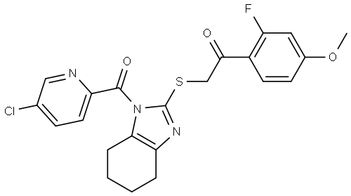 2-({1-[(5-CHLORO-2-PYRIDINYL)CARBONYL]-4,5,6,7-TETRAHYDRO-1H-BENZIMIDAZOL-2-YL}SULFANYL)-1-(2-FLUORO-4-METHOXYPHENYL)ETHANONE Struktur