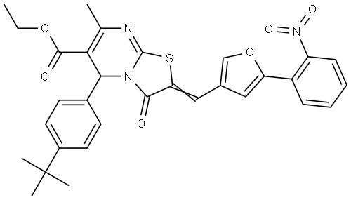 ETHYL (2E)-5-(4-TERT-BUTYLPHENYL)-7-METHYL-2-{[5-(2-NITROPHENYL)-3-FURYL]METHYLENE}-3-OXO-2,3-DIHYDRO-5H-[1,3]THIAZOLO[3,2-A]PYRIMIDINE-6-CARBOXYLATE Structure