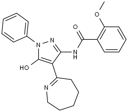 N-[(3Z)-5-HYDROXY-1-PHENYL-4-(3,4,5,6-TETRAHYDRO-2H-AZEPIN-7-YL)-1,2-DIHYDRO-3H-PYRAZOL-3-YLIDENE]-2-METHOXYBENZAMIDE Struktur
