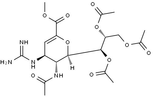 D-glycero-D-galacto-Non-2-enonic acid, 5-(acetylamino)-4-[(aminoiminomethyl)amino]-2,6-anhydro-3,4,5-trideoxy-, methyl ester, 7,8,9-triacetate Struktur