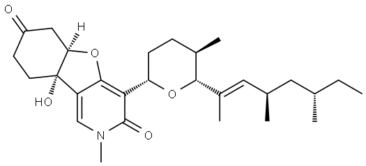 Benzofuro[3,2-c]pyridine-3,7-dione, 2,5a,6,8,9,9a-hexahydro-9a-hydroxy-2-methyl-4-[(2S,5R,6R)-tetrahydro-5-methyl-6-[(1E,3R,5S)-1,3,5-trimethyl-1-hepten-1-yl]-2H-pyran-2-yl]-, (5aR,9aS)- Struktur