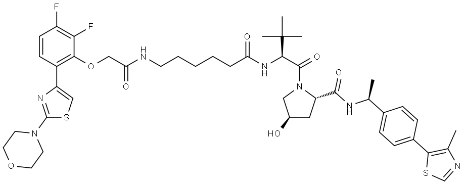 (2S,4R)-1-[(2S)-2-[6-[[2-[2,3-difluoro-6-(2-morpholinothiazol-4-yl)phenoxy]acetyl]amino]hexanoylamino]-3,3-dimethyl-butanoyl]-4-hydroxy-N-[(1S)-1-[4-(4-methylthiazol-5-yl)phenyl]ethyl]pyrrolidine-2-carboxamide Struktur