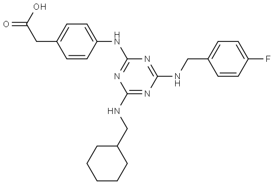 4-[[4-[(Cyclohexylmethyl)amino]-6-[[(4-fluorophenyl)methyl]amino]-1,3,5-triazin-2-yl]amino]phenylacetic acid Struktur