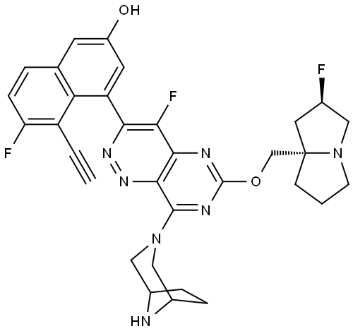 2-Naphthalenol, 4-[8-(3,8-diazabicyclo[3.2.1]oct-3-yl)-4-fluoro-6-[[(2R,7aS)-2-fluorotetrahydro-1H-pyrrolizin-7a(5H)-yl]methoxy]pyrimido[5,4-c]pyridazin-3-yl]-5-ethynyl-6-fluoro- Struktur