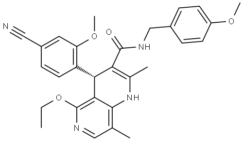 1,6-Naphthyridine-3-carboxamide, 4-(4-cyano-2-methoxyphenyl)-5-ethoxy-1,4-dihydro-N-[(4-methoxyphenyl)methyl]-2,8-dimethyl-, (4S)- Struktur