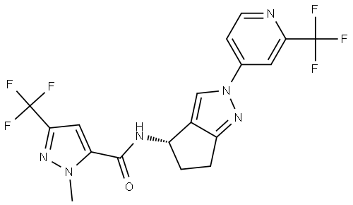 1H-Pyrazole-5-carboxamide, 1-methyl-N-[(4S)-2,4,5,6-tetrahydro-2-[2-(trifluoromethyl)-4-pyridinyl]-4-cyclopentapyrazolyl]-3-(trifluoromethyl)- Struktur