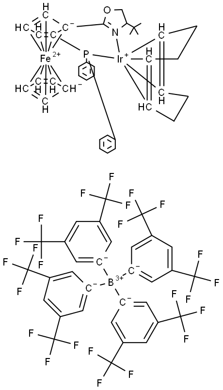 Iridium(1+), [(1,2,5,6-η)-1,5-cyclooctadiene][(2R)-1-[(4S)-4-(1,1-dimethylethyl)-4,5-dihydro-2-oxazolyl-κN3]-2-(diphenylphosphino-κP)ferrocene]-, tetrakis[3,5-bis(trifluoromethyl)phenyl]borate(1-) (1:1) Struktur