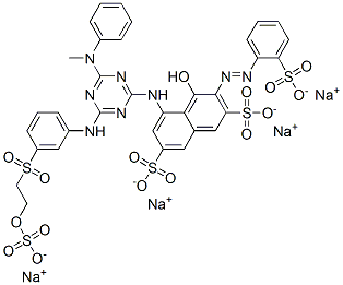 1-[4-[3-[[2-(Sodiooxysulfonyloxy)ethyl]sulfonyl]phenylamino]-6-[phenyl(methyl)amino]-1,3,5-triazine-2-ylamino]-8-hydroxy-7-[2-(sodiooxysulfonyl)phenylazo]naphthalene-3,6-bis(sulfonic acid sodium) salt Struktur