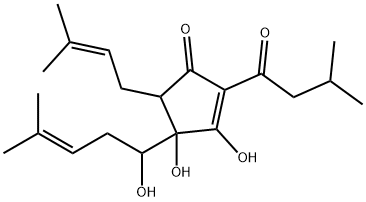 3,4-dihydroxy-4-(1-hydroxy-4-methylpent-3-enyl)-5-(3-methylbut-2-enyl)-2-(3-methyl-1-oxobutyl)cyclopent-2-en-1-one Struktur