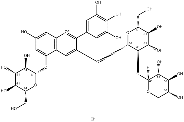 5-(beta-D-Glucopyranosyloxy)-7-hydroxy-2-(3,4,5-trihydroxyphenyl)-3-[(2-O-beta-D-xylopyranosyl-D-glucopyranosyl)oxy]-1-benzopyrylium chloride Struktur