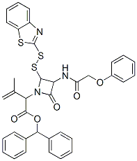 benzhydryl 2-(benzothiazol-2-yldithio)-alpha-(isopropenyl)-4-oxo-3-[(phenoxyacetyl)amino]azetidine-1-acetate  Structure
