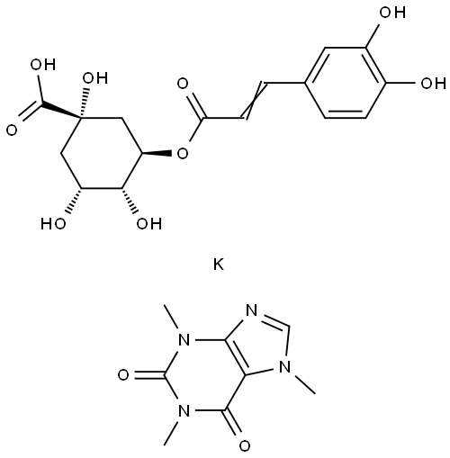 Cyclohexanecarboxylic acid, 3-[[3-(3,4-dihydroxyphenyl)-1-oxo-2-propenyl]oxy]-1,4,5-trihydroxy-, monopotassium salt, [1S-(1alpha,3beta,4alpha,5alpha)]-, compd. with 3,7-dihydro-1,3,7-trimethyl-1H-purine-2,6-dione (1:1) Struktur