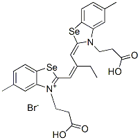 3-(2-carboxyethyl)-2-[2-[[3-(2-carboxyethyl)-5-methyl-(3H)-benzoselenazol-2-ylidene]methyl]but-1-enyl]-5-methylbenzoselenazolium bromide Struktur