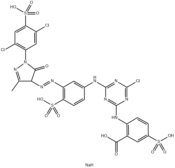 tetrasodium 2-[[4-chloro-6-[[3-[[1-(2,5-dichloro-4-sulphonatophenyl)-4,5-dihydro-3-methyl-5-oxo-1H-pyrazol-4-yl]azo]-4-sulphonatophenyl]amino]-1,3,5-triazin-2-yl]amino]-5-sulphonatobenzoate Struktur