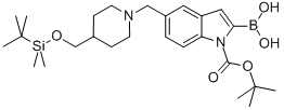 1H-Indole-1-carboxylic acid, 2-borono-5-[[4-[[[(1,1-dimethylethyl)dimethylsilyl]oxy]methyl]-1-piperidinyl]methyl]-, 1-(1,1-dimethylethyl) ester Struktur