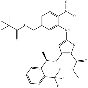 (R)-Methyl 5-(2-nitro-5-(pivaloyloxyMethyl)phenylaMino)-3-(1-(2-(trifluoroMethyl)phenyl)ethoxy)thiophene-2-carboxylate Struktur