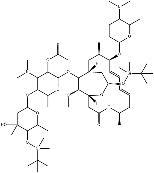 [9(2R,5S,6R)]-18-Deoxo-3-deoxy-9-O-[5-(dimethylamino)tetrahydro-6-methyl-2H-pyran-2-yl]-4B-O-[(1,1-dimethylethyl)dimethylsilyl]-18-[[(1,1-dimethylethyl)dimethylsilyl]oxy]-3,18-epoxy-leucomycin V 2B-Acetate Struktur