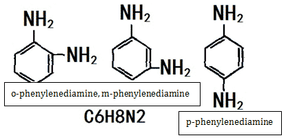 the chemical structure of three isomers of phenylenediamine: o-phenylenediamine, m-phenylenediamine, p-phenylenediamine.