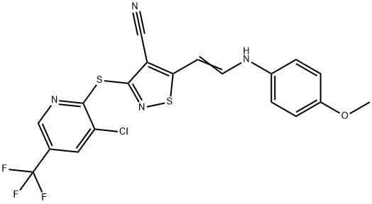 3-([3-CHLORO-5-(TRIFLUOROMETHYL)-2-PYRIDINYL]SULFANYL)-5-[2-(4-METHOXYANILINO)VINYL]-4-ISOTHIAZOLECARBONITRILE Struktur